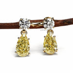 Teardrop lab diamond dangle drop earrings with round and pear yellow diamonds in 10k yellow gold