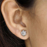 Unique braided diamond stud earrings with round birthstones and 14k white gold craftsmanship
