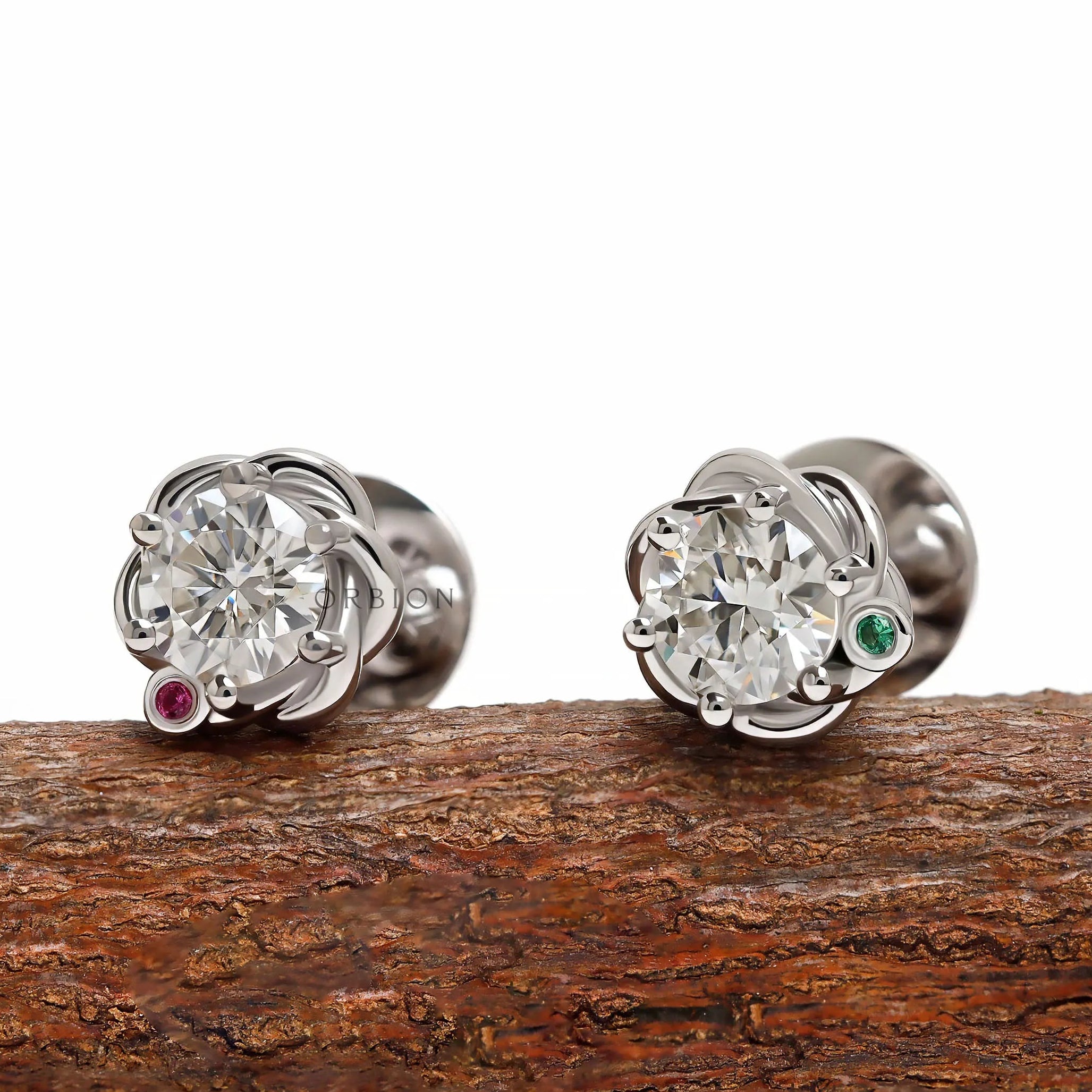 Round moissanite stud earrings for women with braided 14k white gold setting and sparkling statement design
