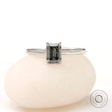 Front view emerald cut grey moissanite solitaire ring white gold