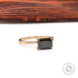 Side profile of radiant black moissanite solitaire gold ring