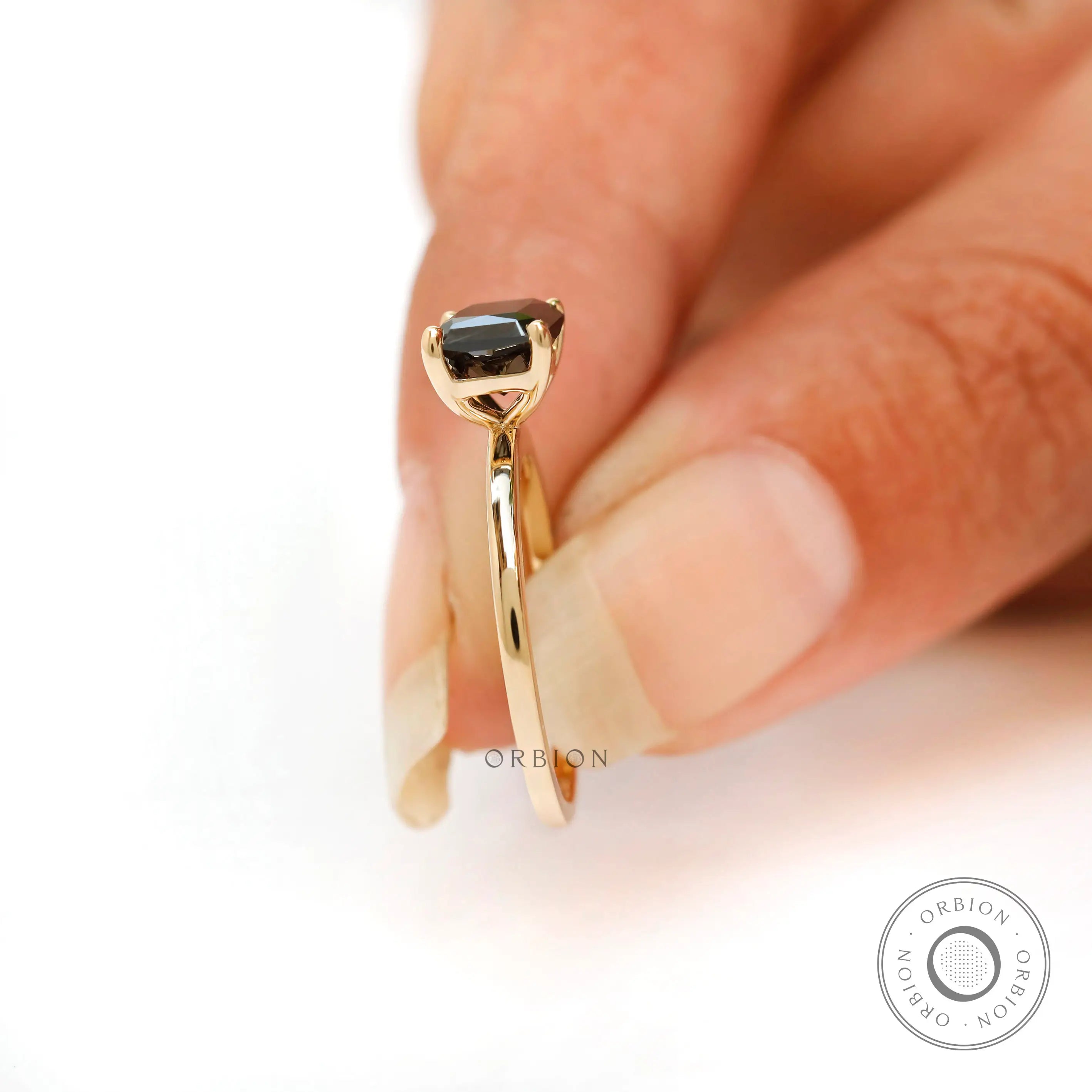 Slim band black moissanite engagement ring in yellow gold