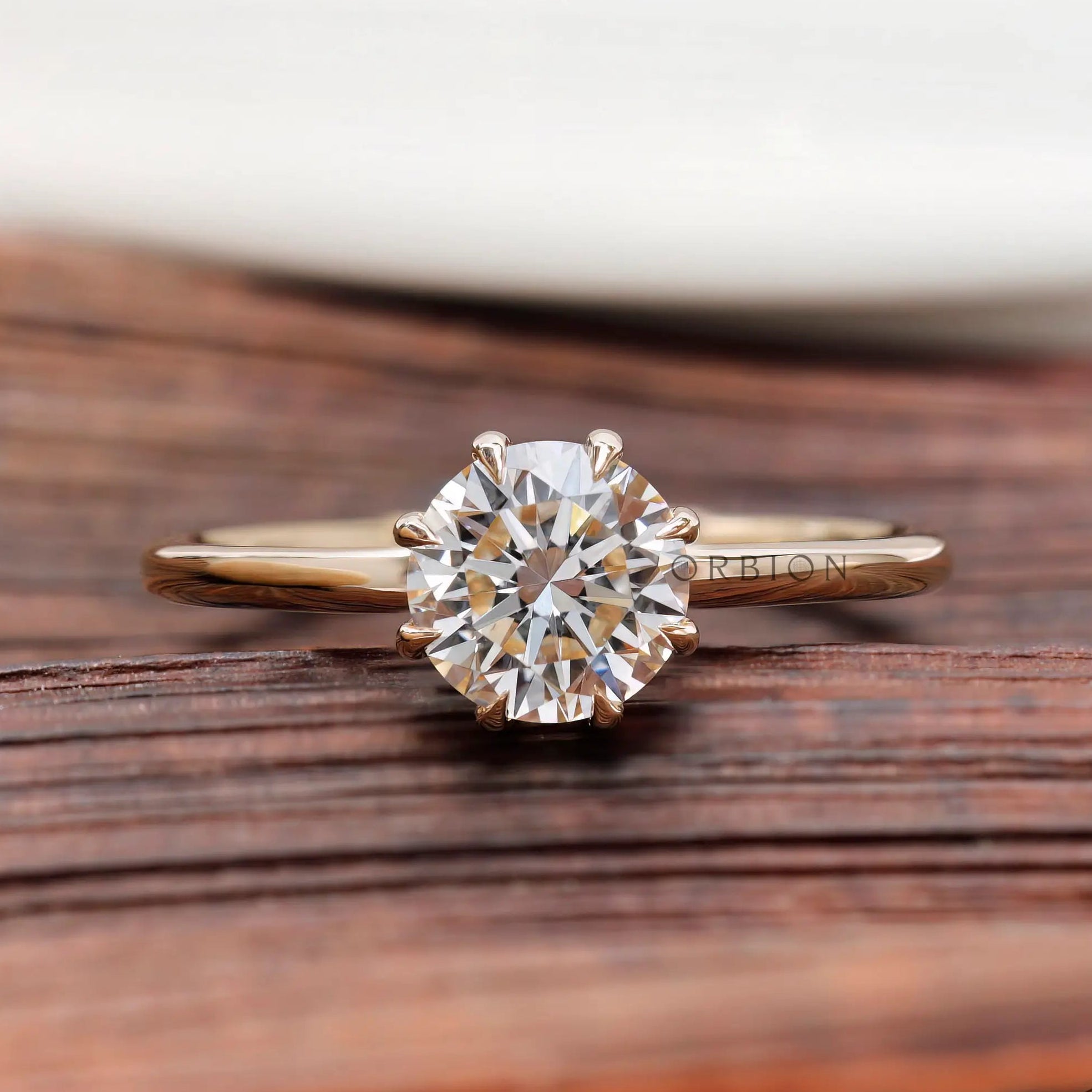 Round brilliant lab grown diamond solitaire ring in 14K yellow gold front view