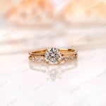 Round cut lab grown diamond engagement ring with diamond band in 14K yellow gold front view