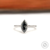 Marquise grey moissanite bezel set solitaire ring in 14K white gold front view
