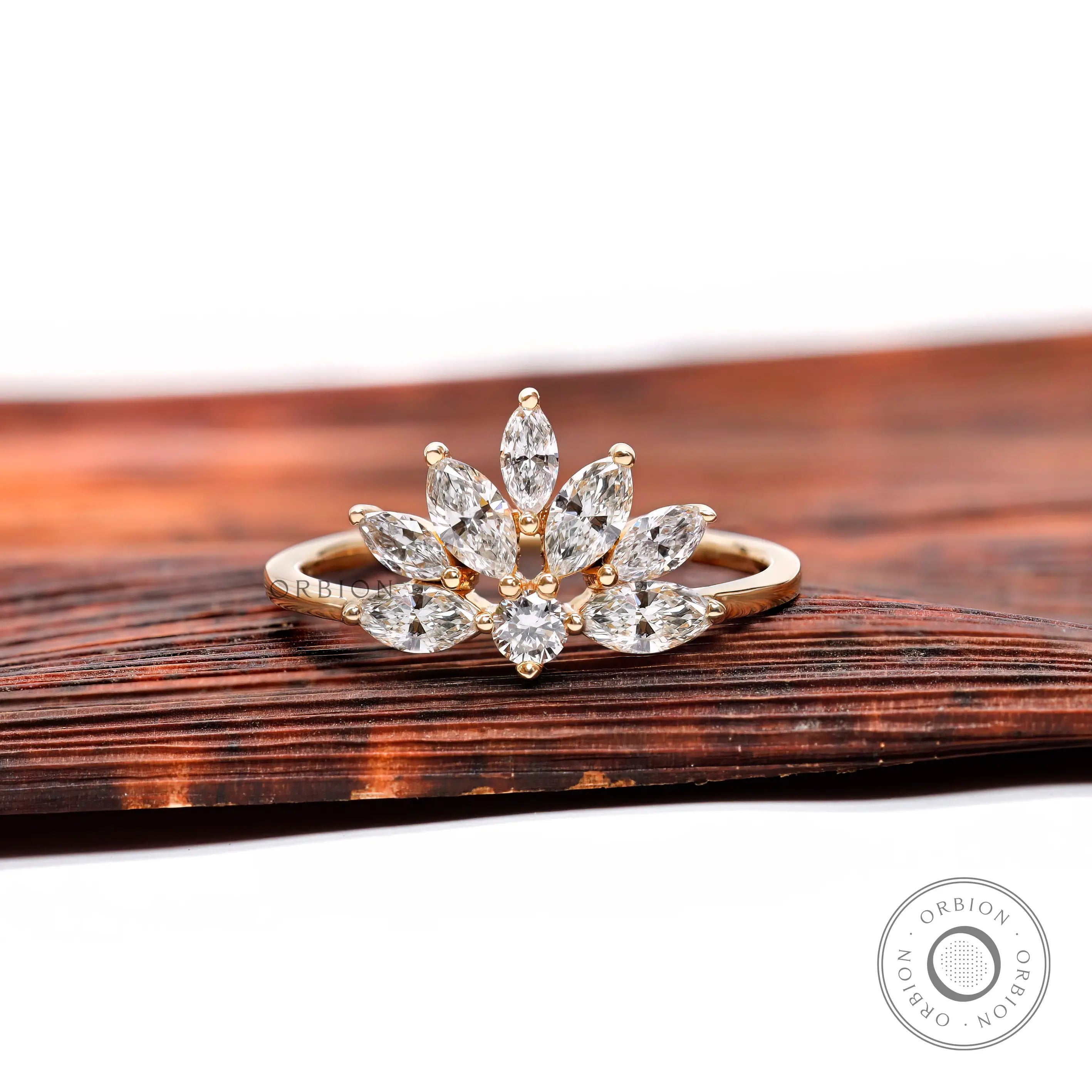Marquise and round lab grown diamond leaf cluster ring in 14K yellow gold front view