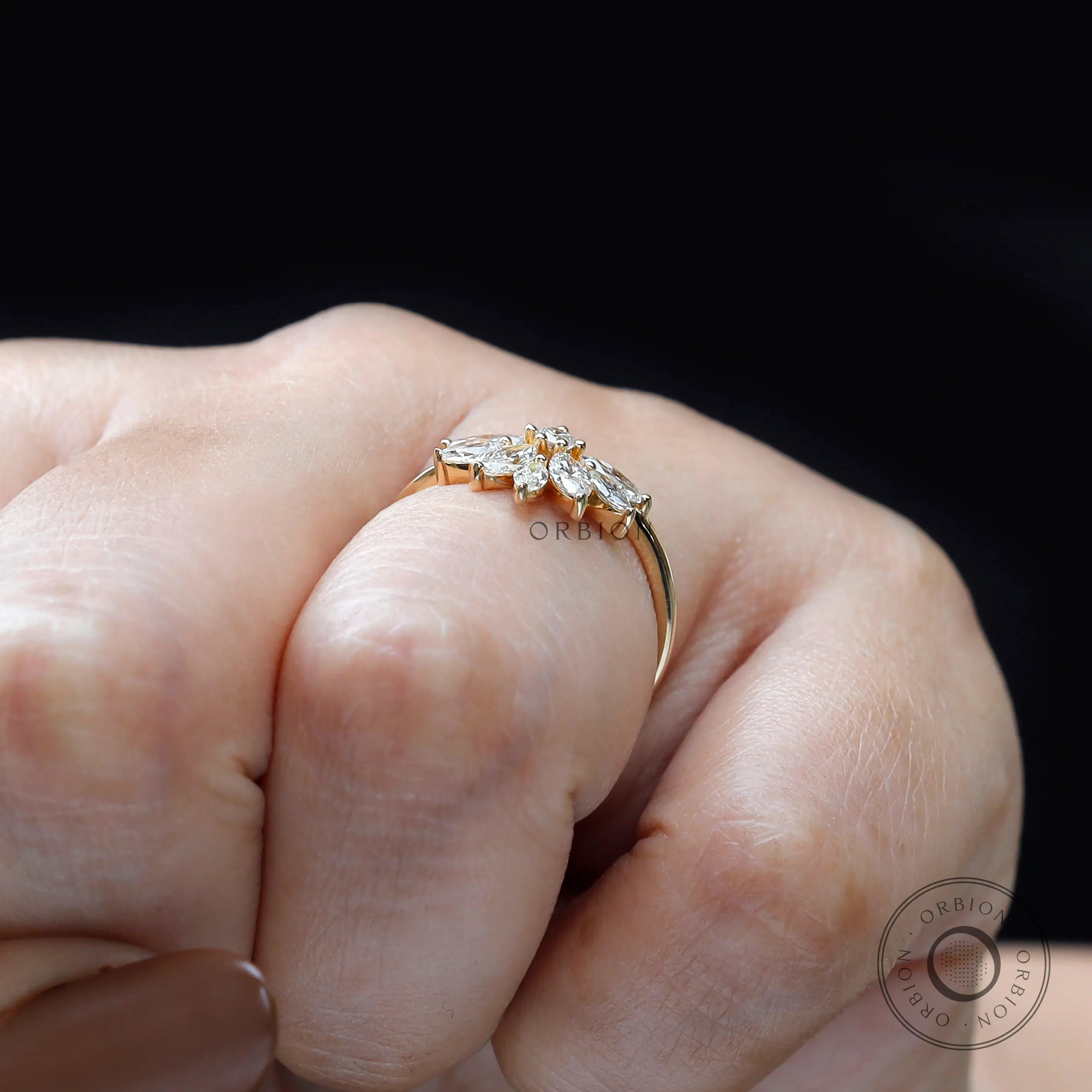 Elegant lab grown diamond cluster ring on hand lifestyle image