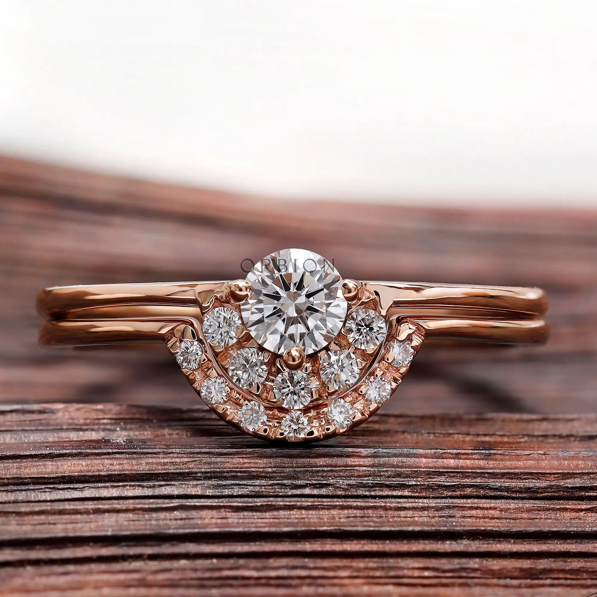 Round lab grown diamond half halo engagement ring in 14K rose gold