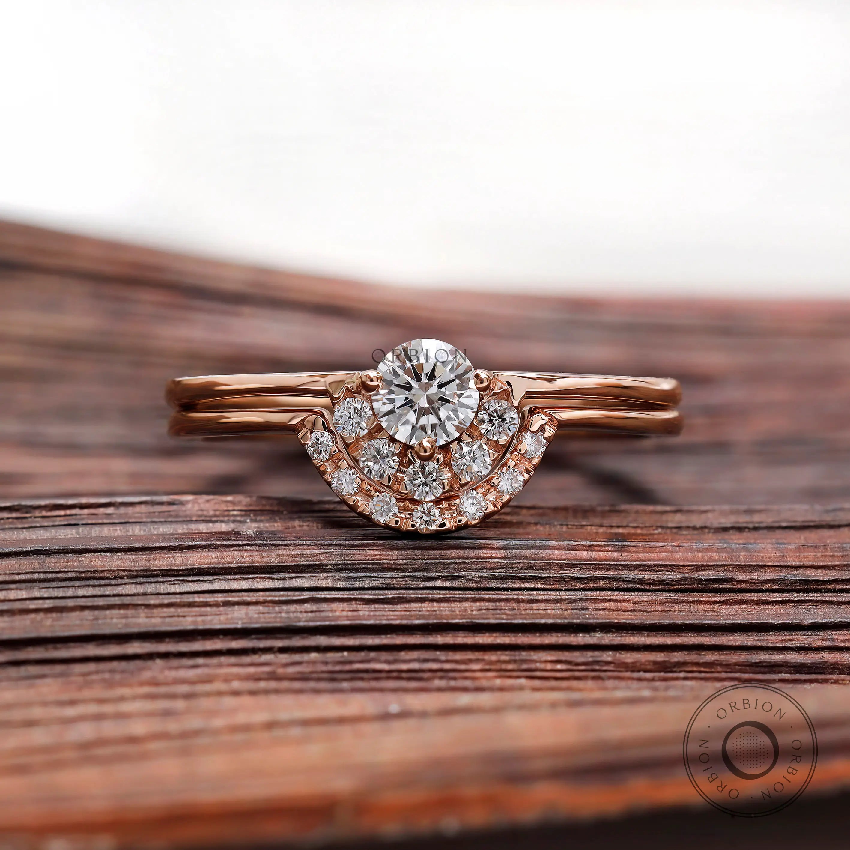 Round lab grown diamond half halo engagement ring in 14K rose gold