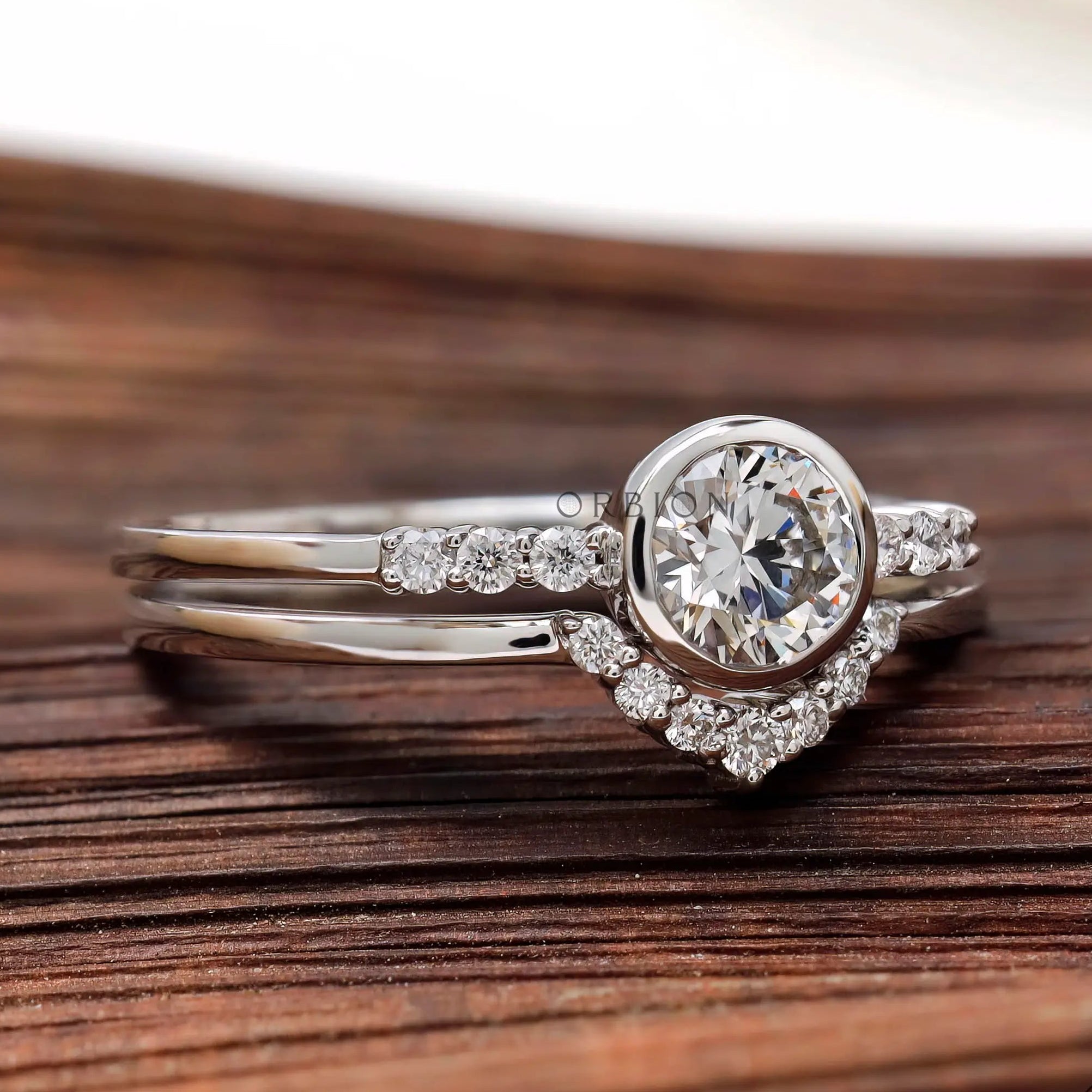 White gold round diamond half halo engagement ring set
