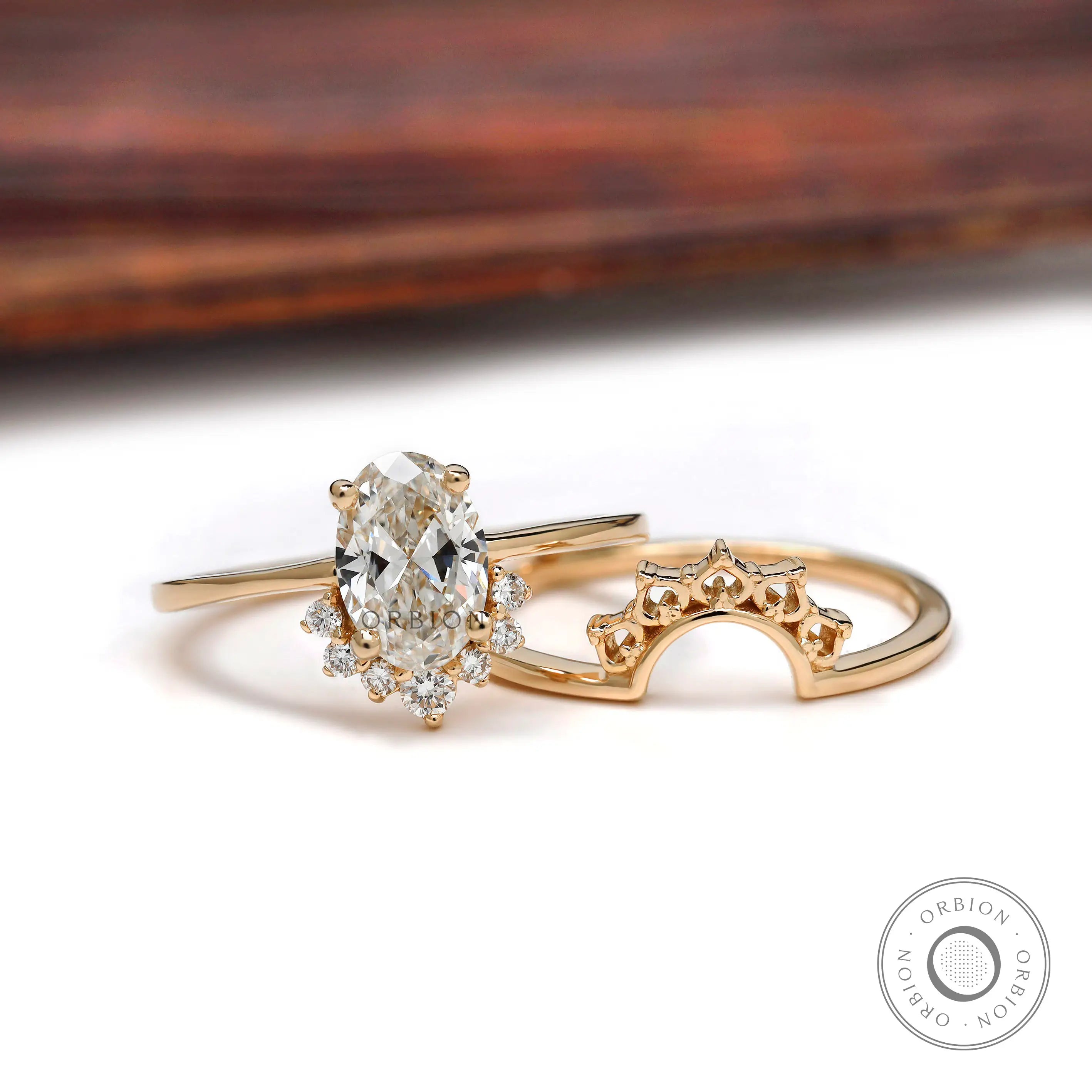 Oval lab grown diamond ring and band front view