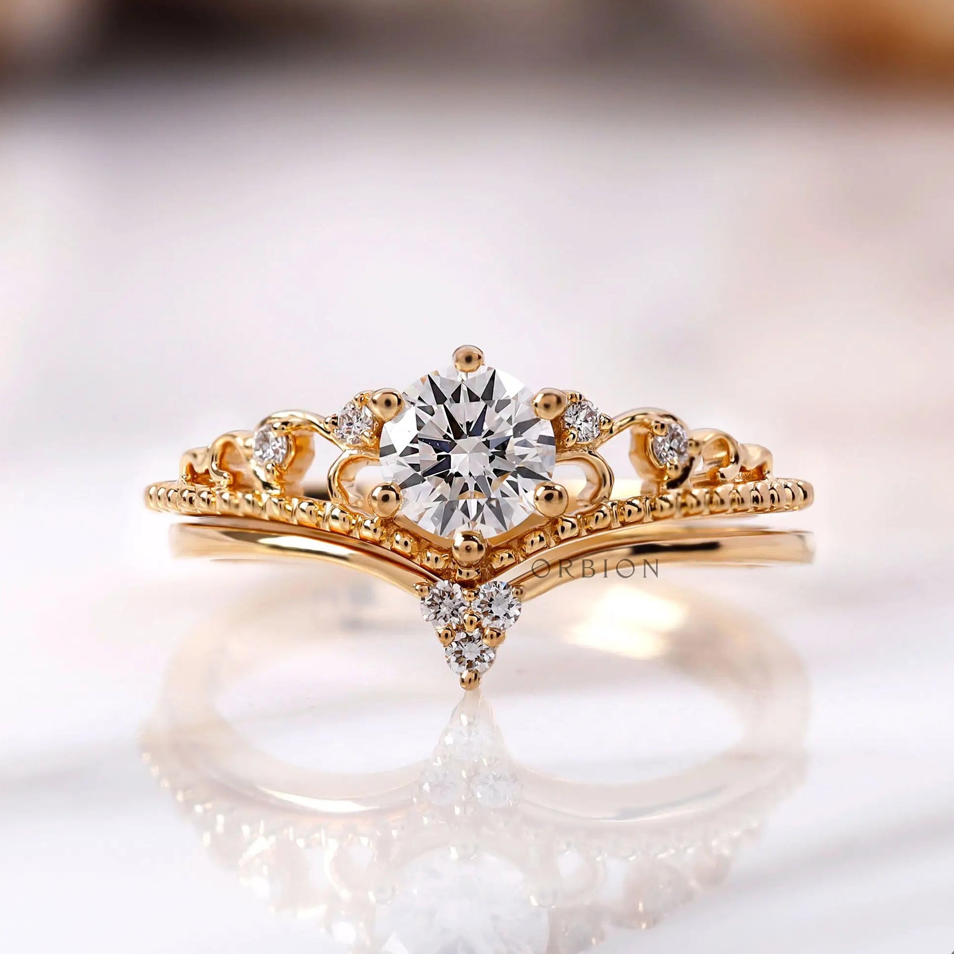 Round lab grown diamond engagement ring set in 14K yellow gold