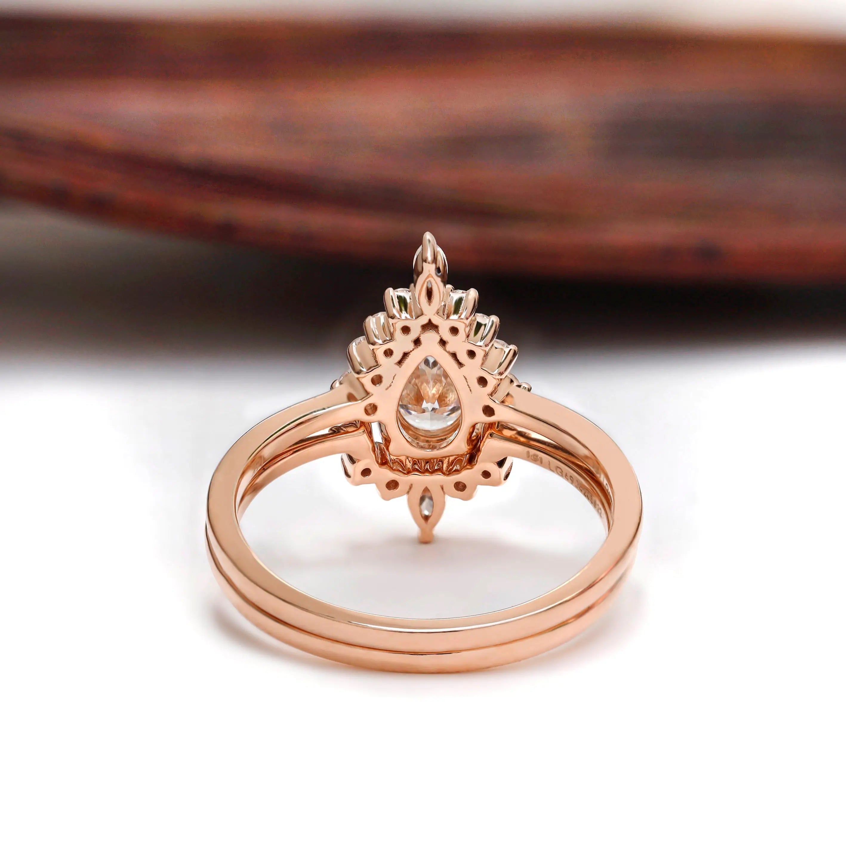 Detailed view of cluster halo design in rose gold