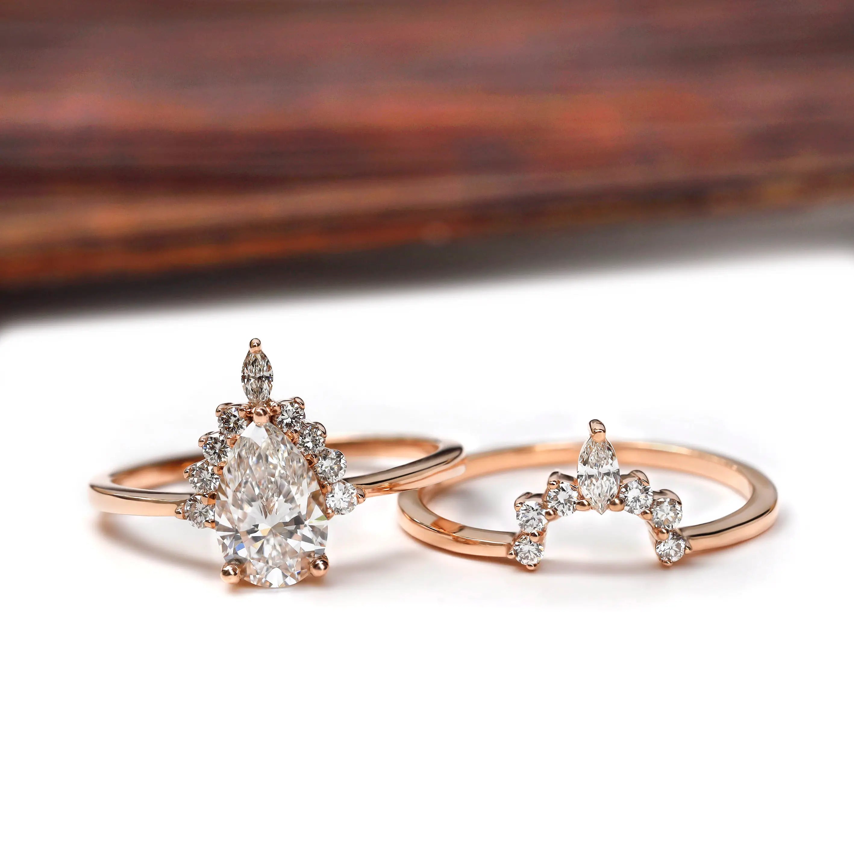 Pear diamond cluster ring and band front view