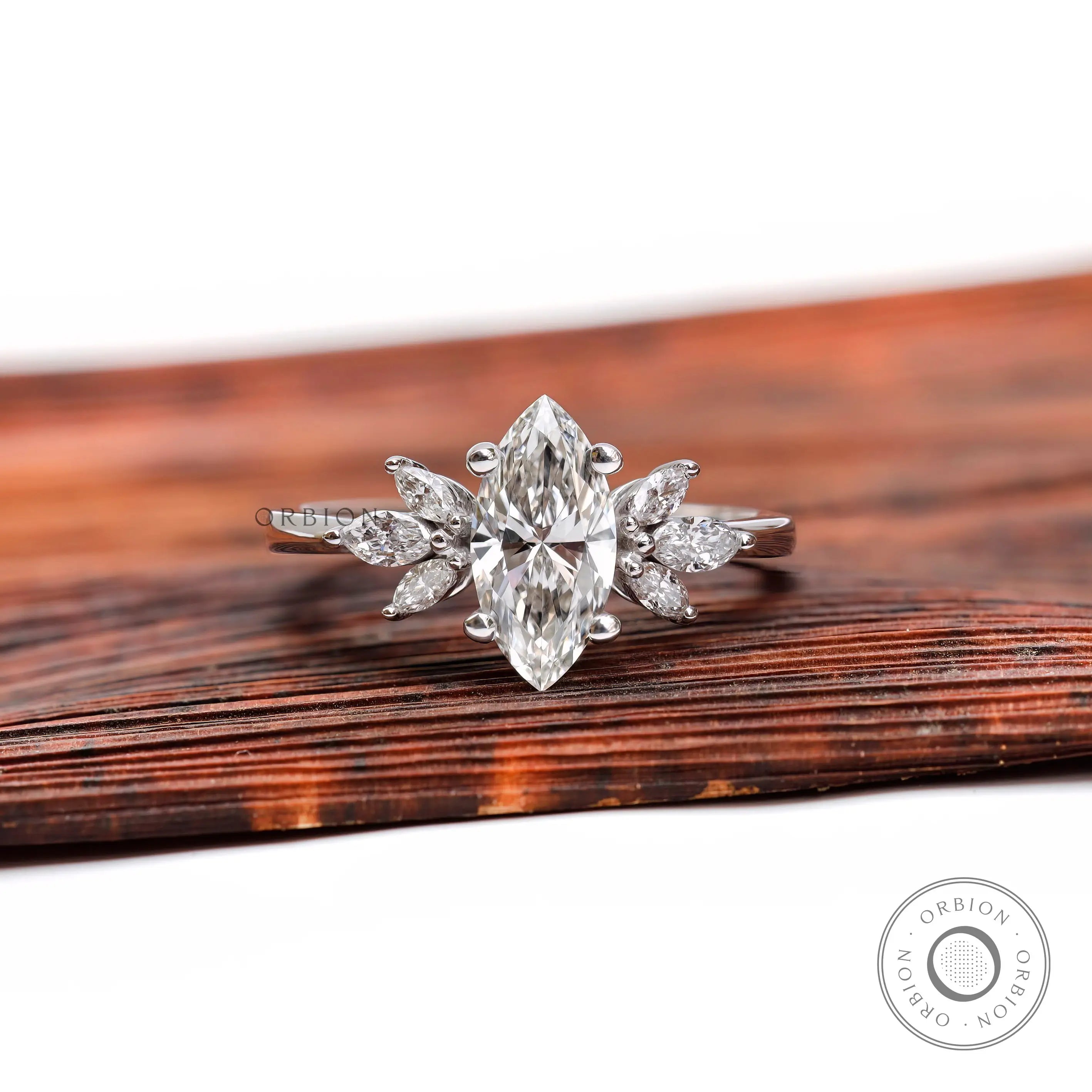 Marquise lab grown diamond cluster engagement ring in 14K white gold
