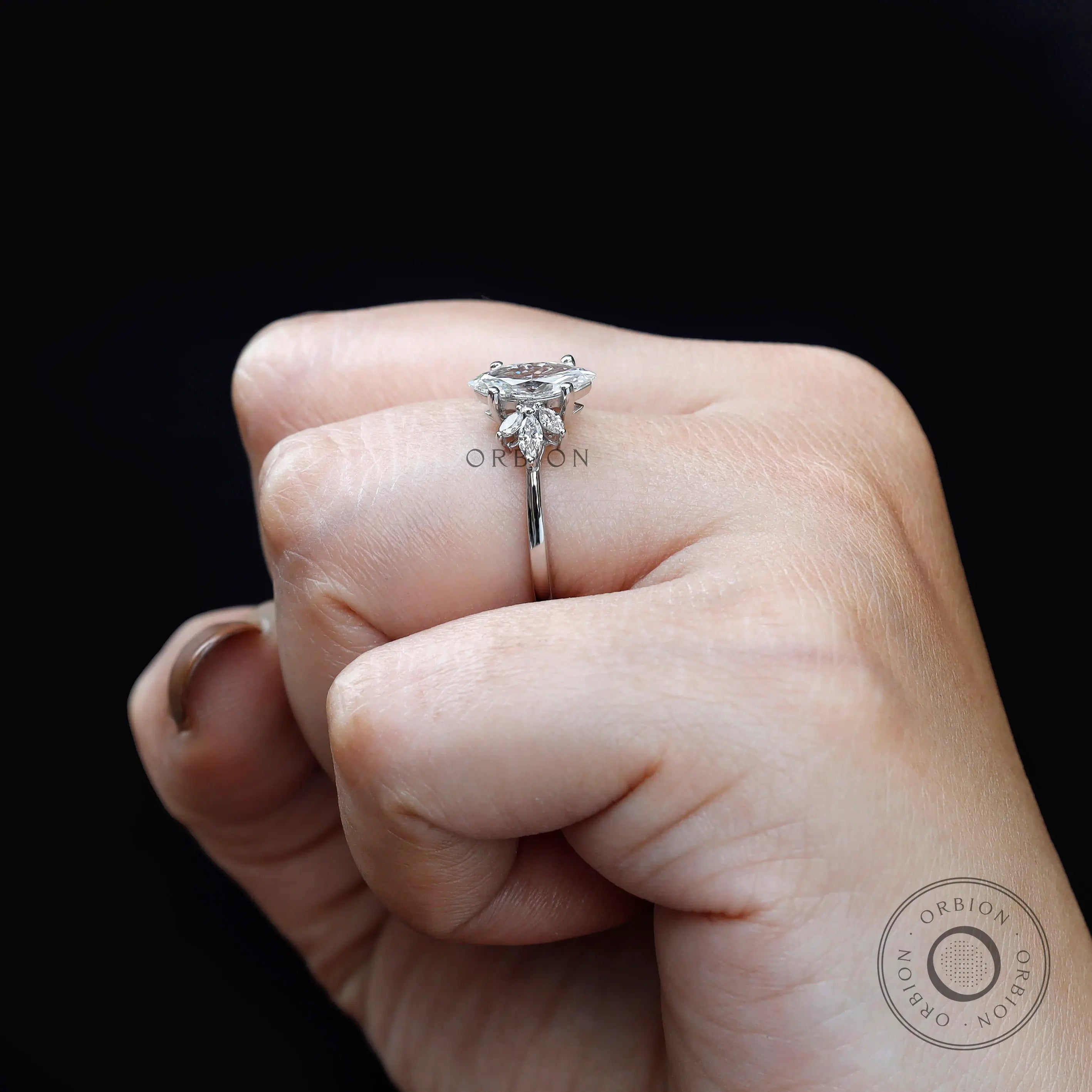 Marquise lab grown diamond ring worn on hand