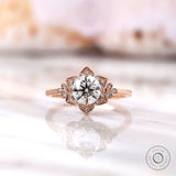 Floral halo lab grown diamond ring top view with rose gold petals