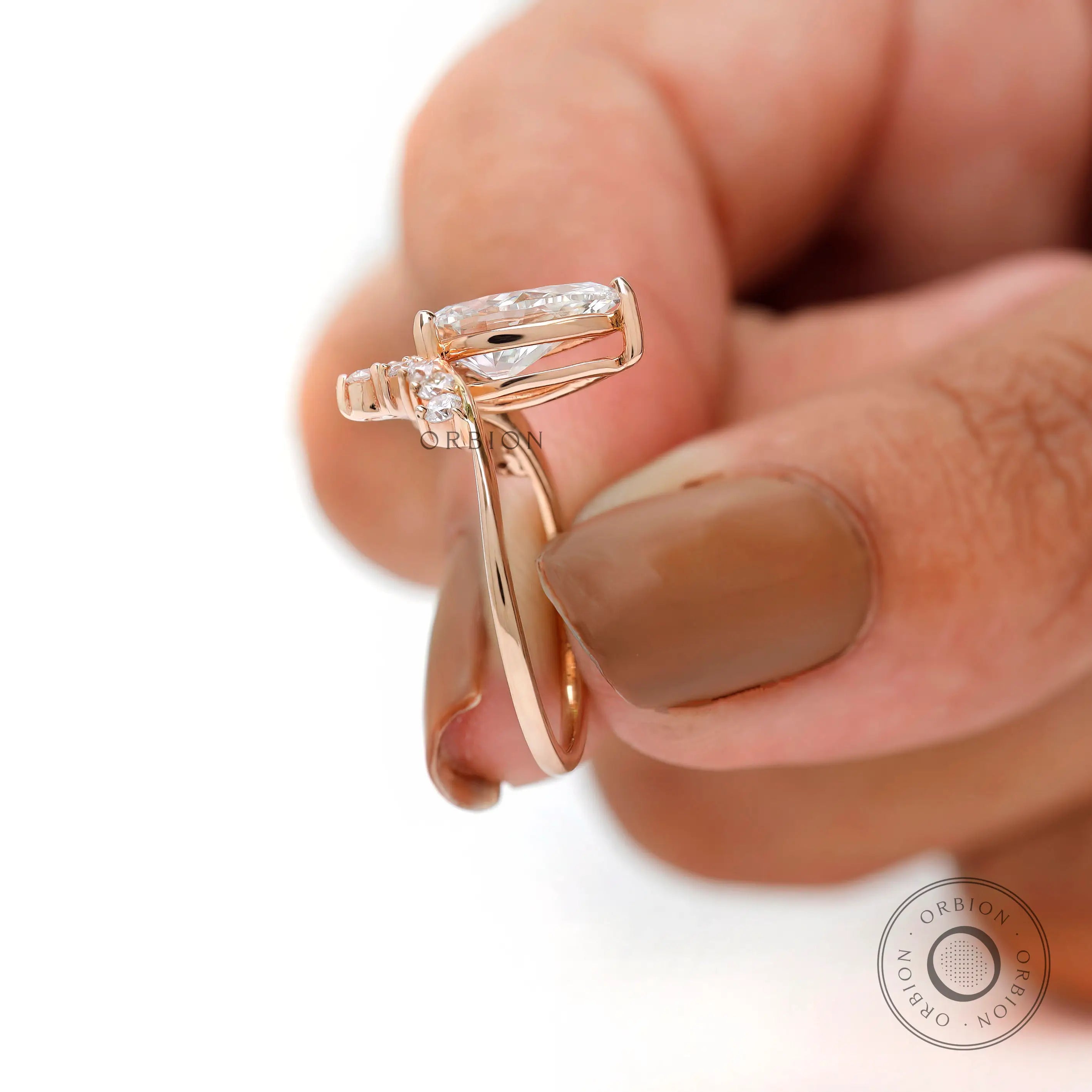 Close-up of pear brilliant cut lab grown diamond setting