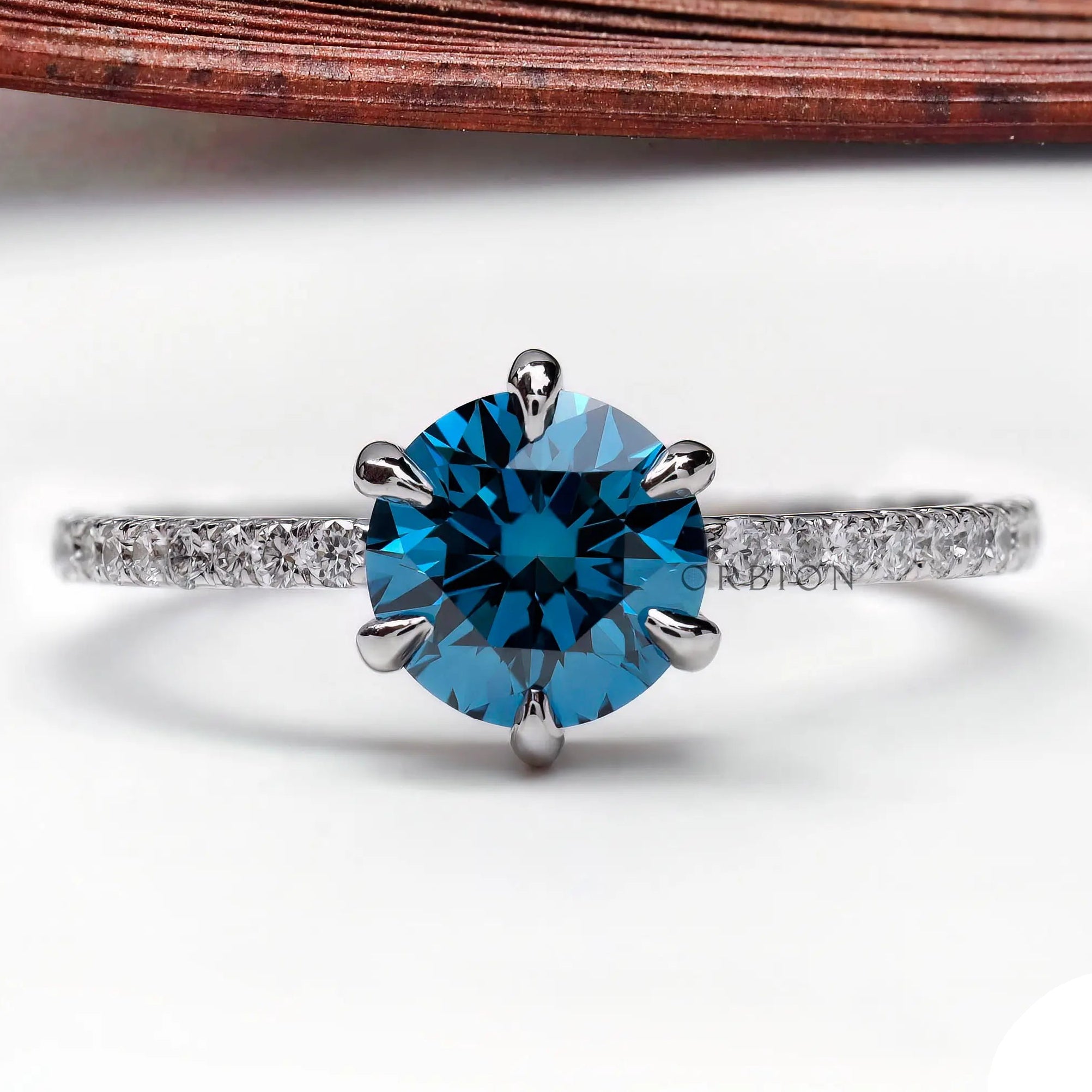 Round fancy vivid blue lab grown diamond solitaire ring