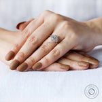 On-hand view of round halo engagement ring in rose gold