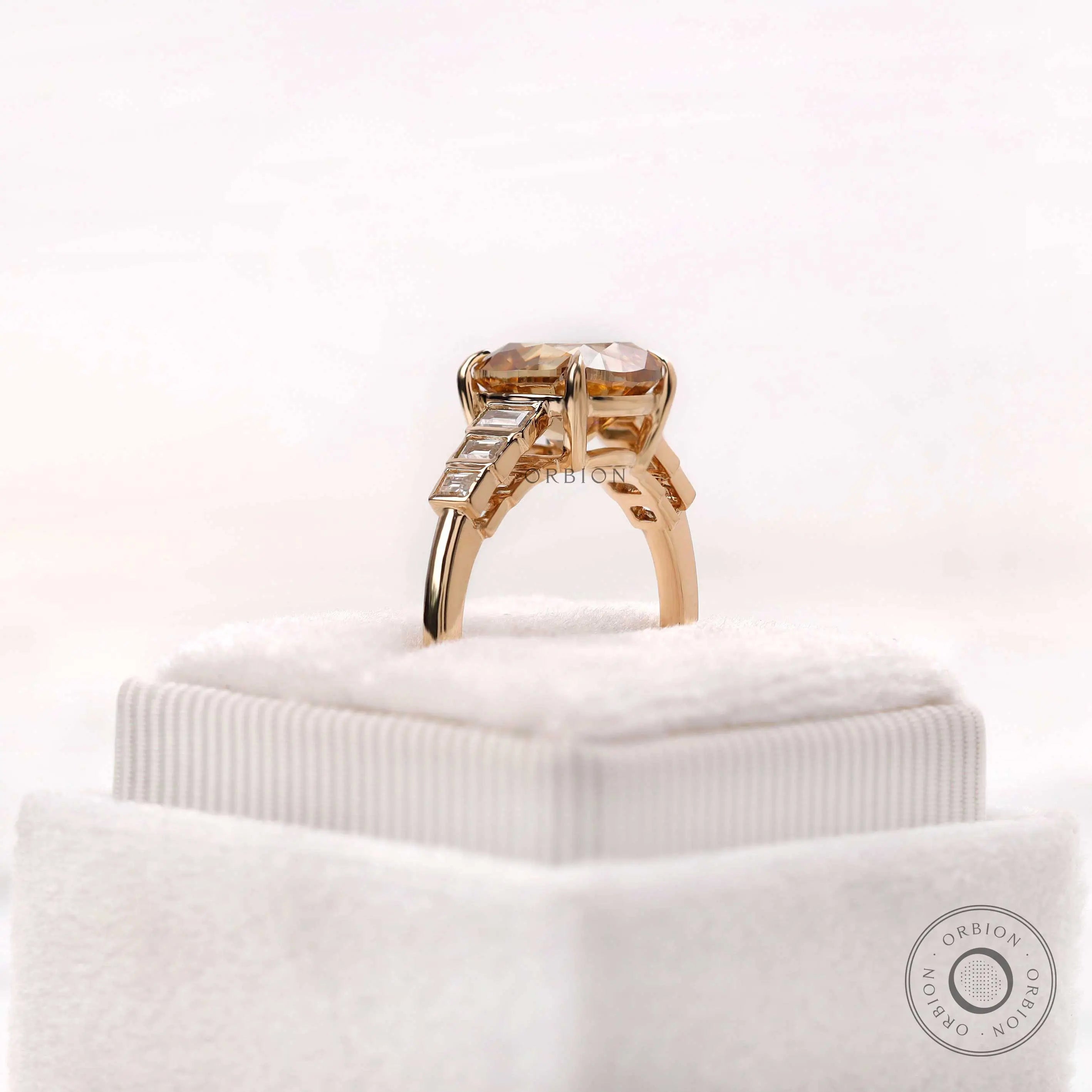 Vintage inspired cushion cut moissanite ring in 10K yellow gold