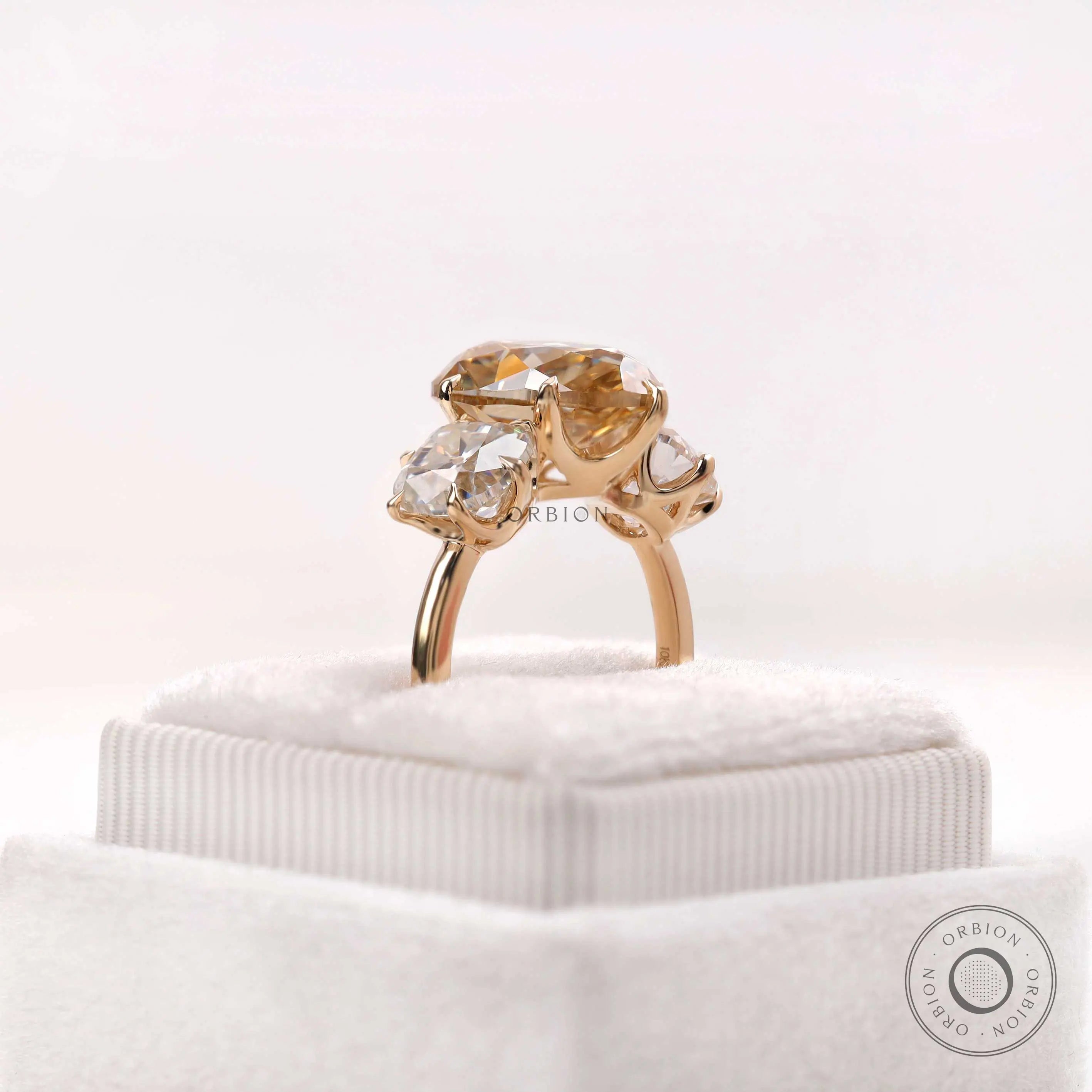 Rear gallery view of three stone moissanite ring