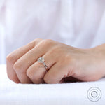 Close-up of round moissanite center stone with baguette accents