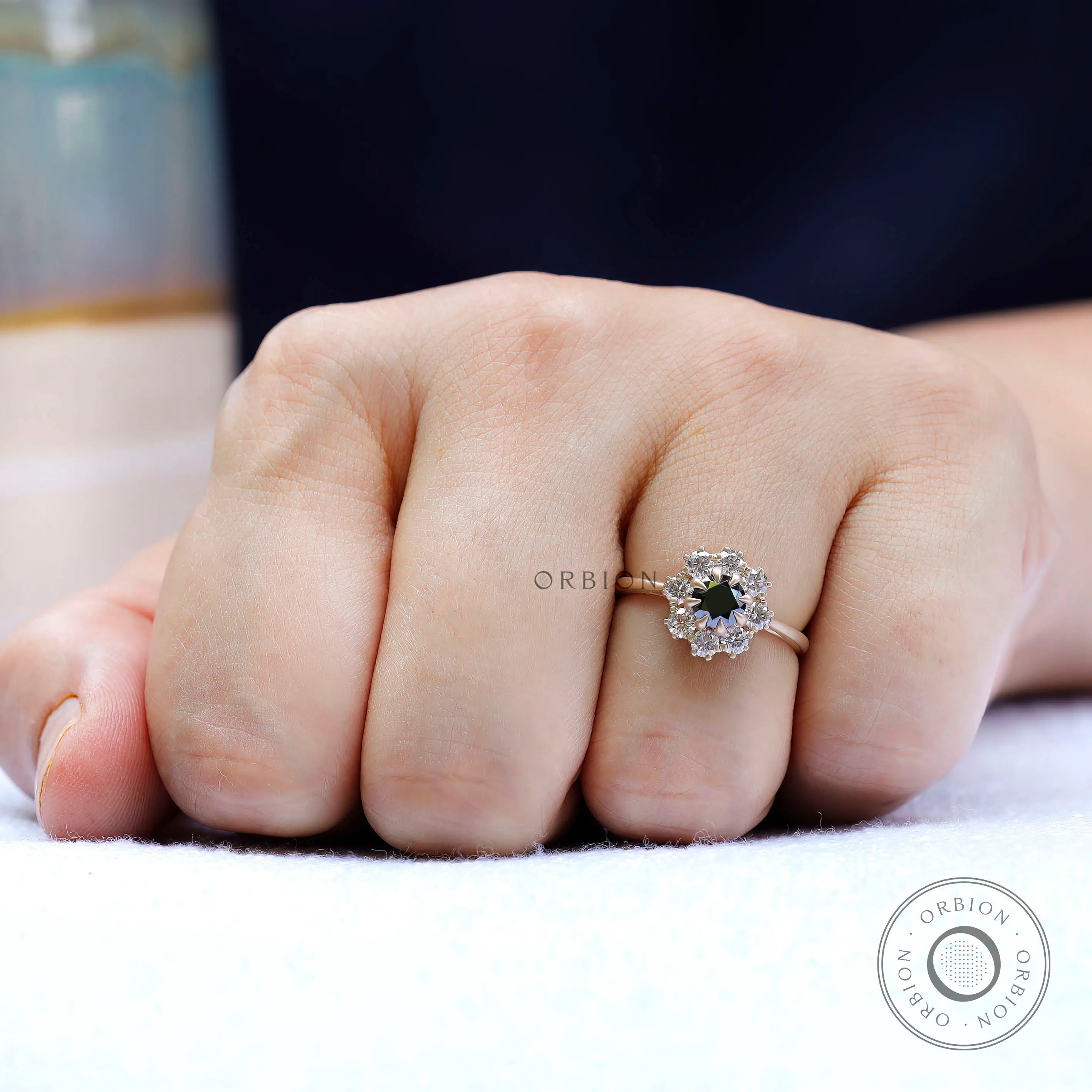 Close-up of Old European Cut black moissanite center stone