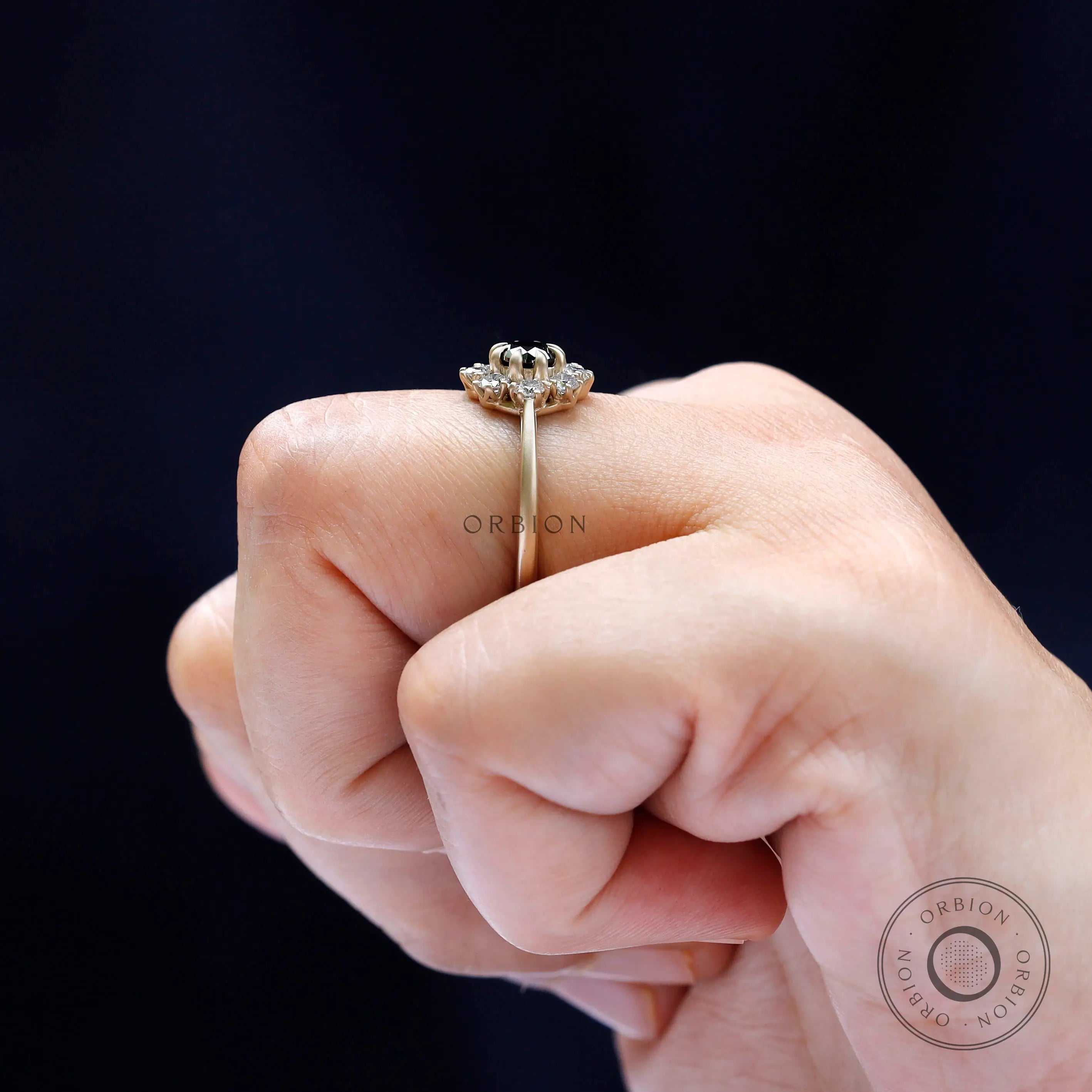 Rear view of yellow gold halo ring band