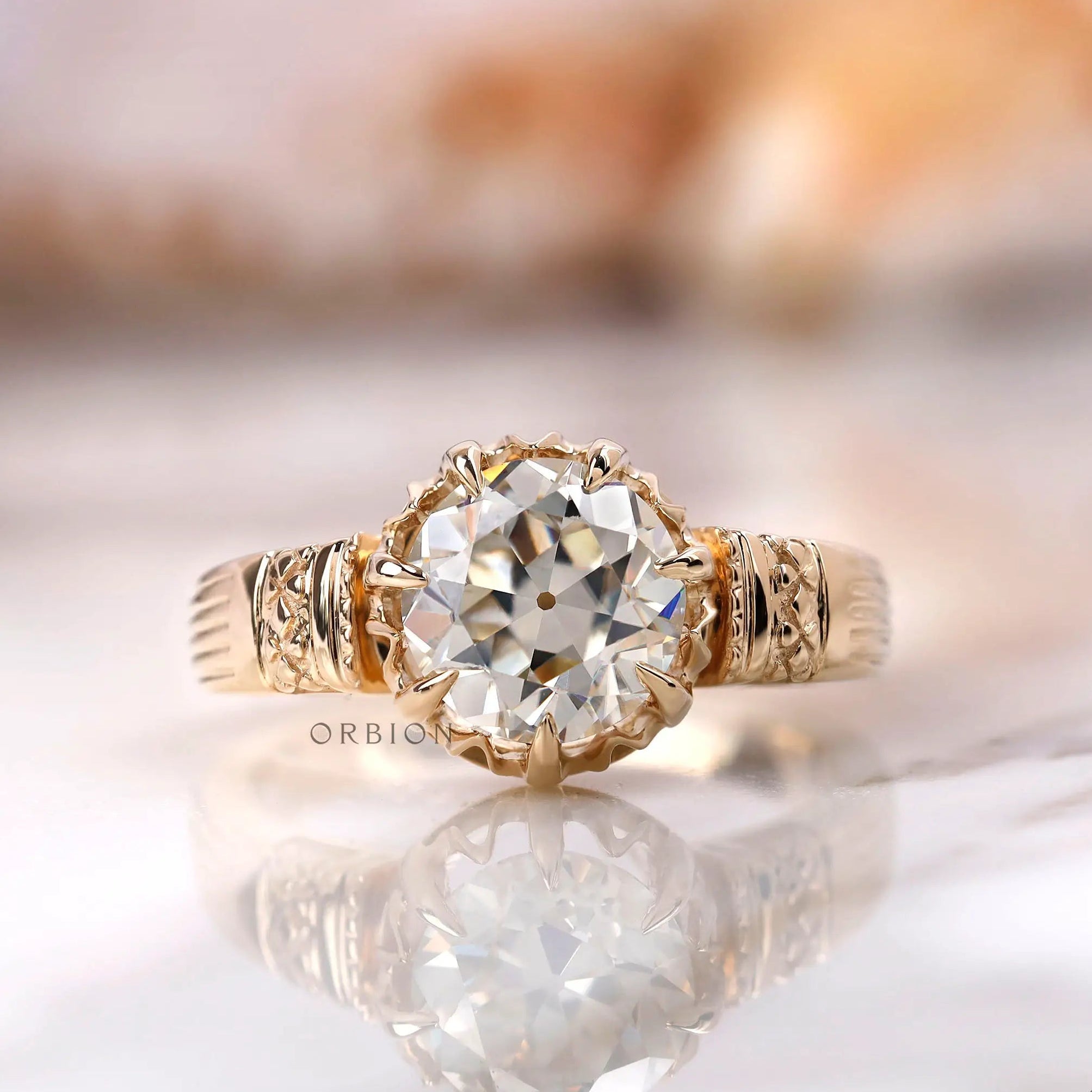 Round Old European cut moissanite antique style engagement ring in yellow gold
