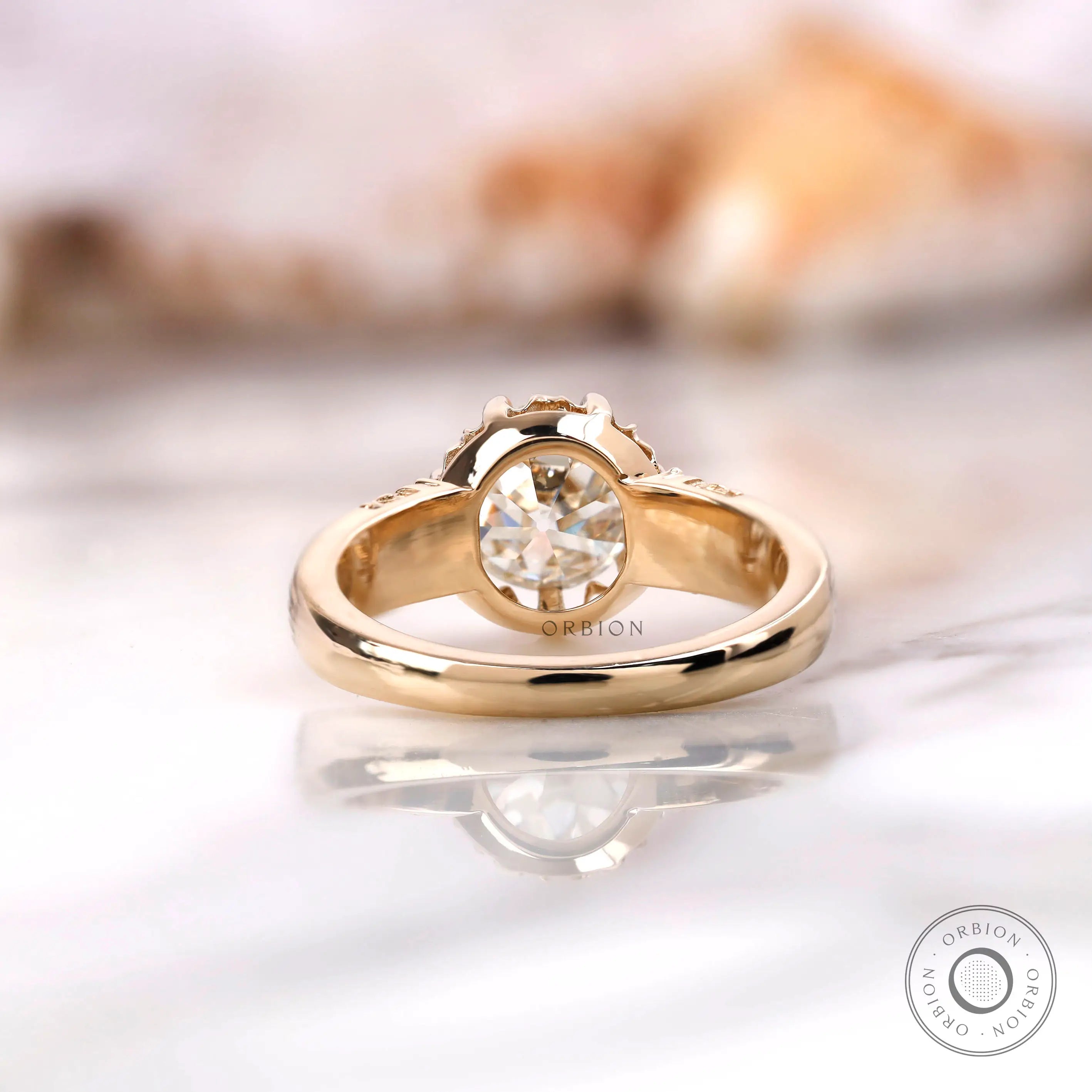 Back gallery view of round Old European cut moissanite ring