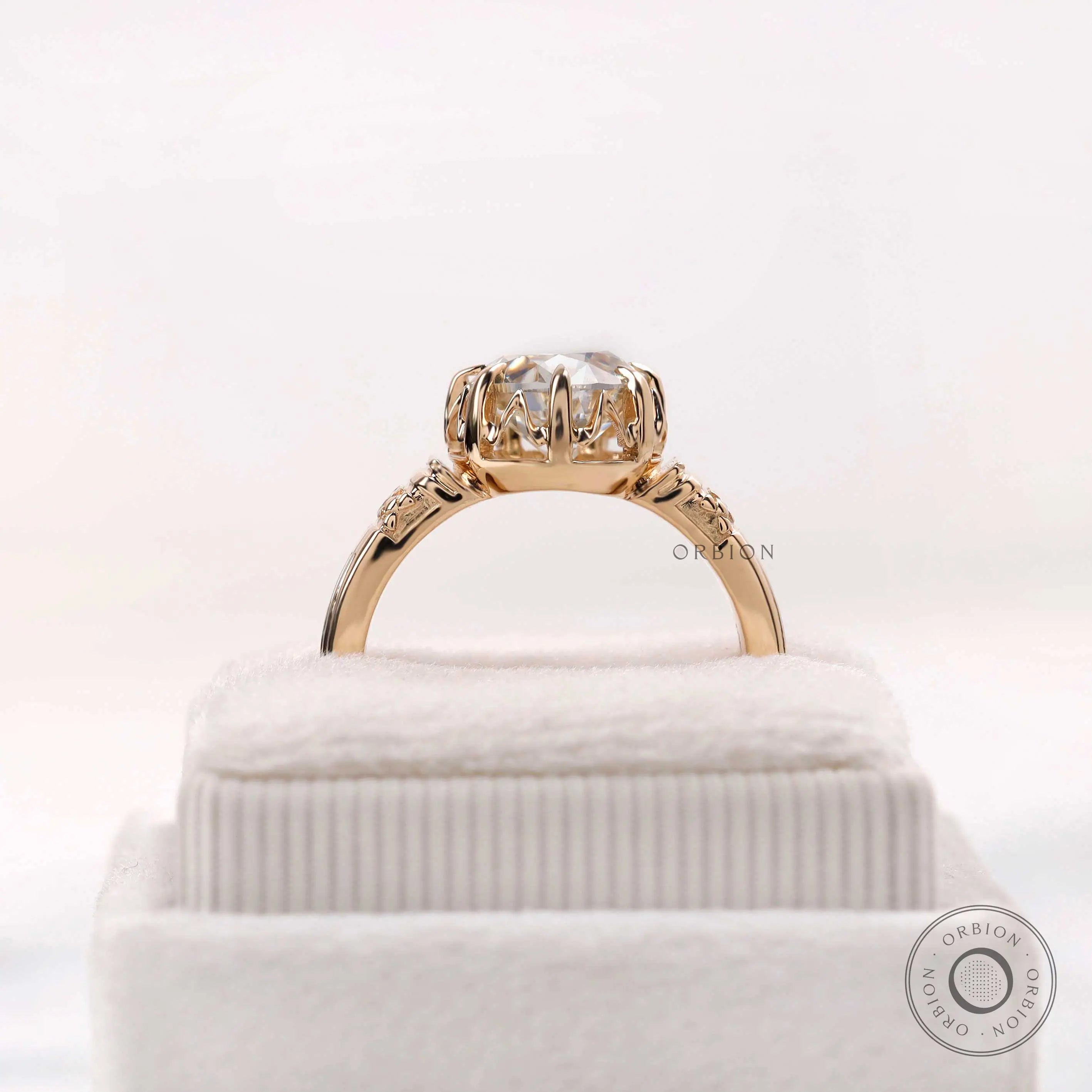 Detailed crown setting of Old European cut moissanite engagement ring