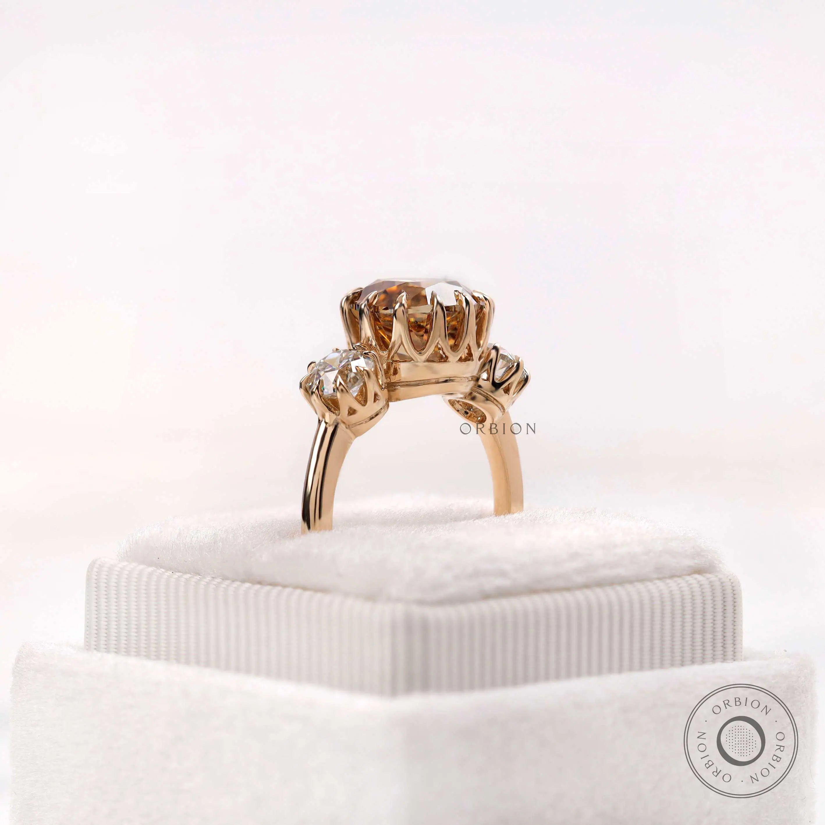 Side profile of vintage style moissanite ring with elevated crown basket