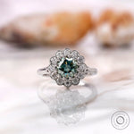 Blue green Old European cut moissanite cluster ring in 10K white gold