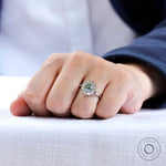 Antique style blue green moissanite cluster ring hand view