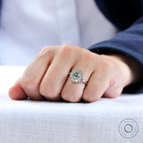 Antique style blue green moissanite cluster ring hand view