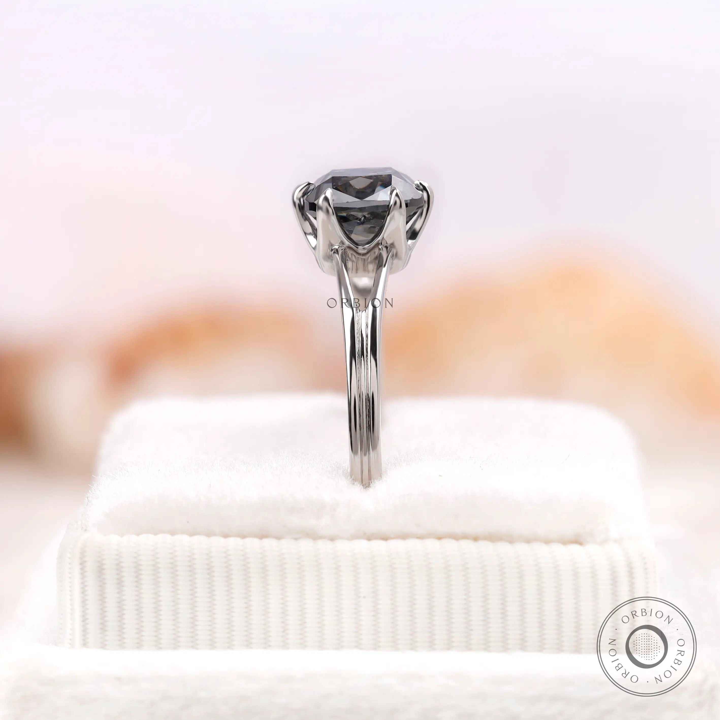 14K white gold split shank ring with cushion grey center stone