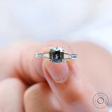 Minimalist white gold vintage inspired engagement ring with grey stone