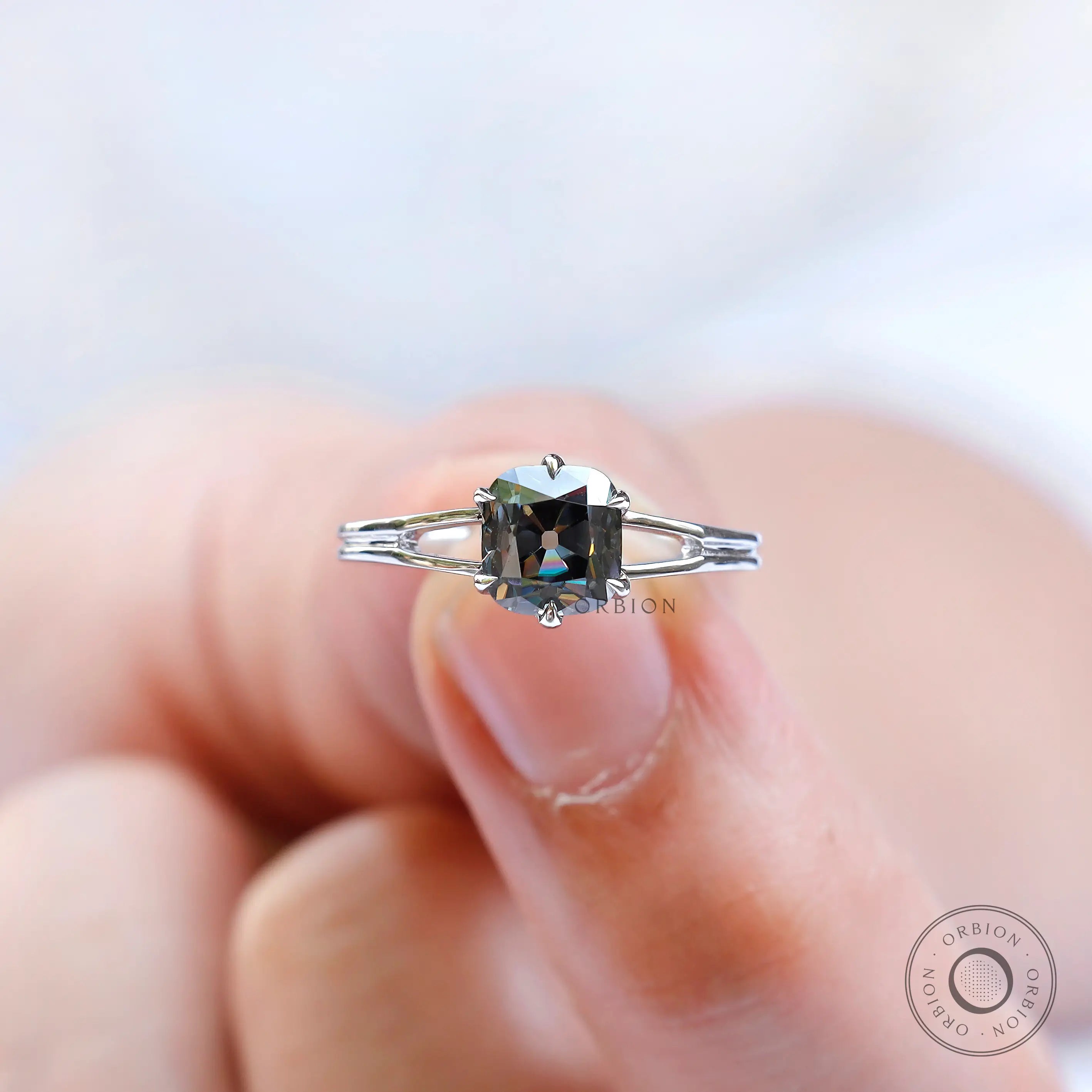 Minimalist white gold vintage inspired engagement ring with grey stone