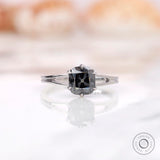 Grey old mine cut elongated cushion moissanite split shank ring in 14K white gold