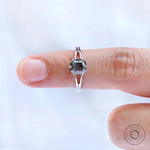 Cushion cut grey moissanite solitaire ring detailed prong view