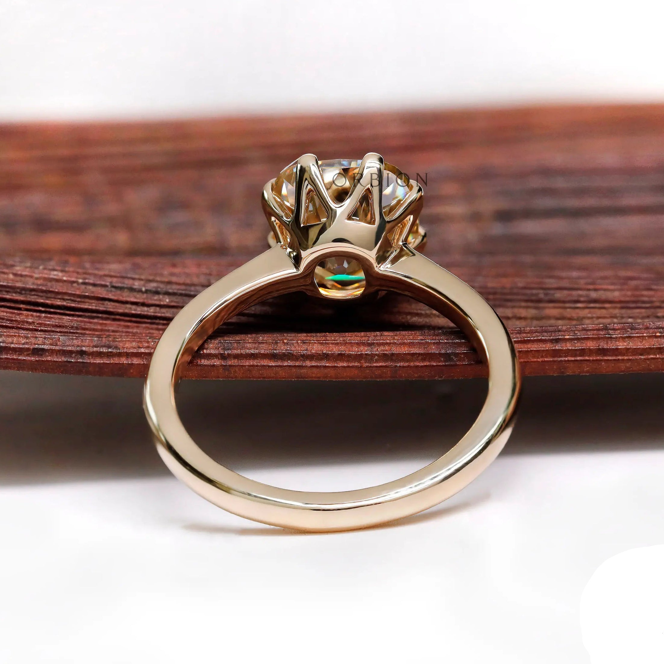Under-gallery view of Old Mine Cut moissanite solitaire ring