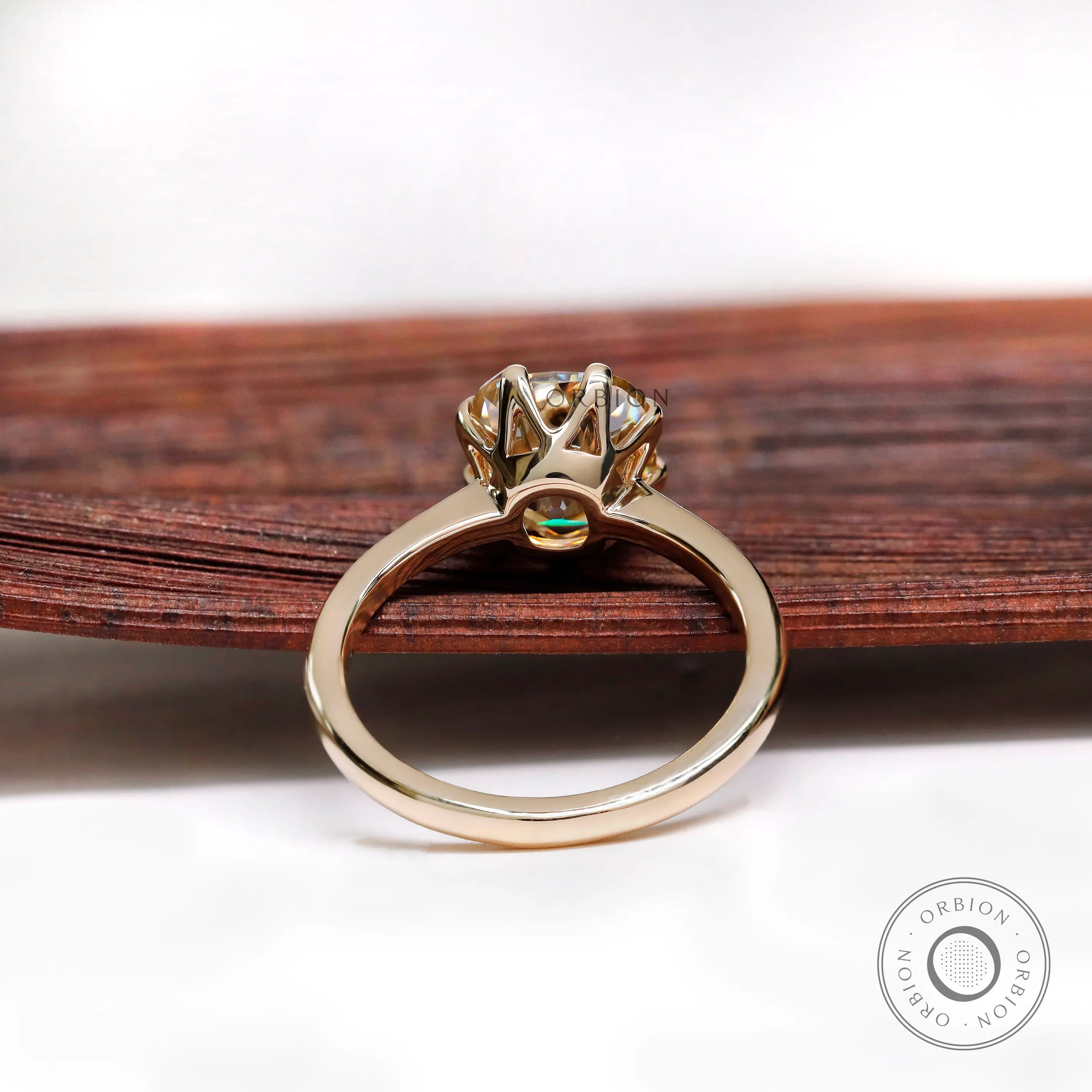 Under-gallery view of Old Mine Cut moissanite solitaire ring
