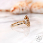 Georgian inspired pear champagne moissanite ring side view