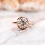 Front view of round Old European cut moissanite solitaire ring in rose gold