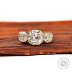 Square cushion Old Mine cut three stone moissanite ring top view