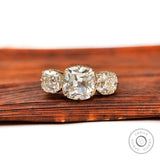 Square cushion Old Mine cut three stone moissanite ring top view