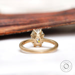 Under-gallery view of Old Mine Cut moissanite solitaire ring