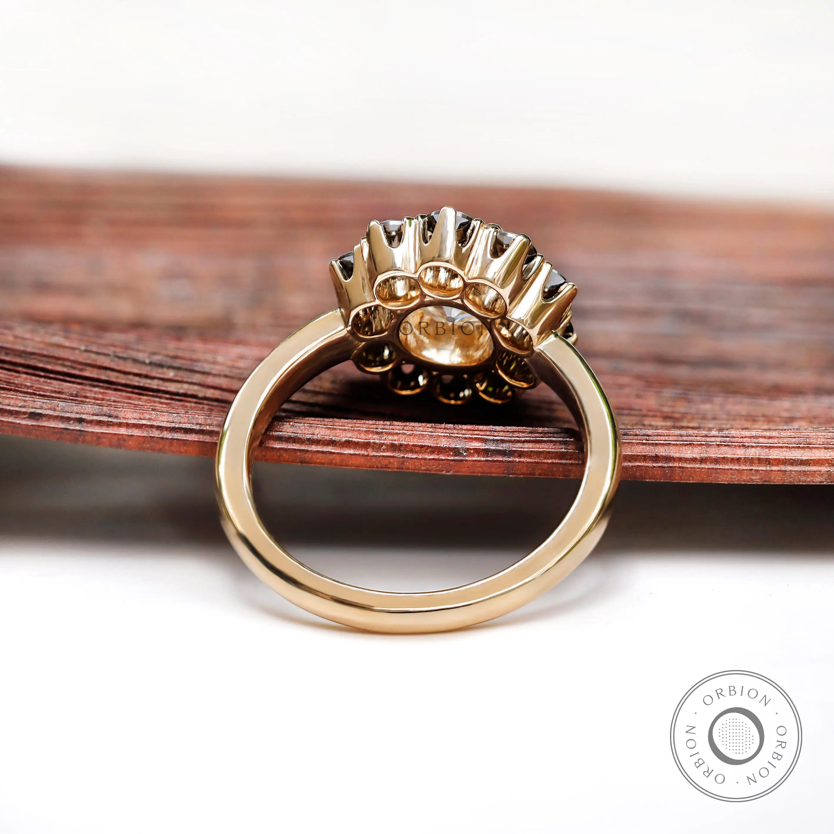 Underside gallery detail of halo moissanite ring