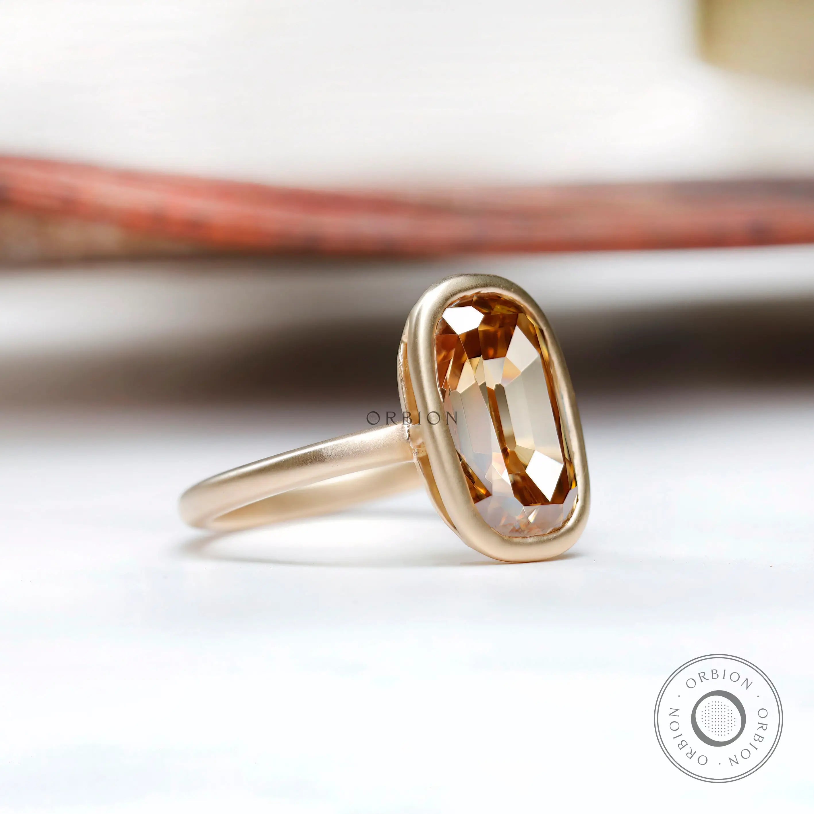 Handmade champagne moissanite ring in 14K yellow gold